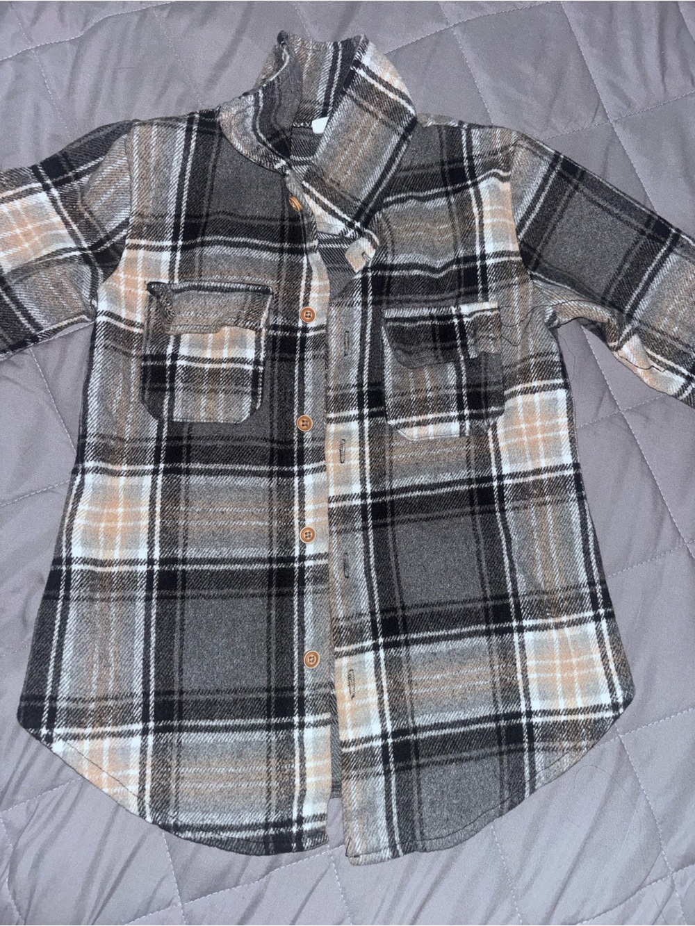 Kids Plaid Button-Up Shirt Jacket - Beige & Gray